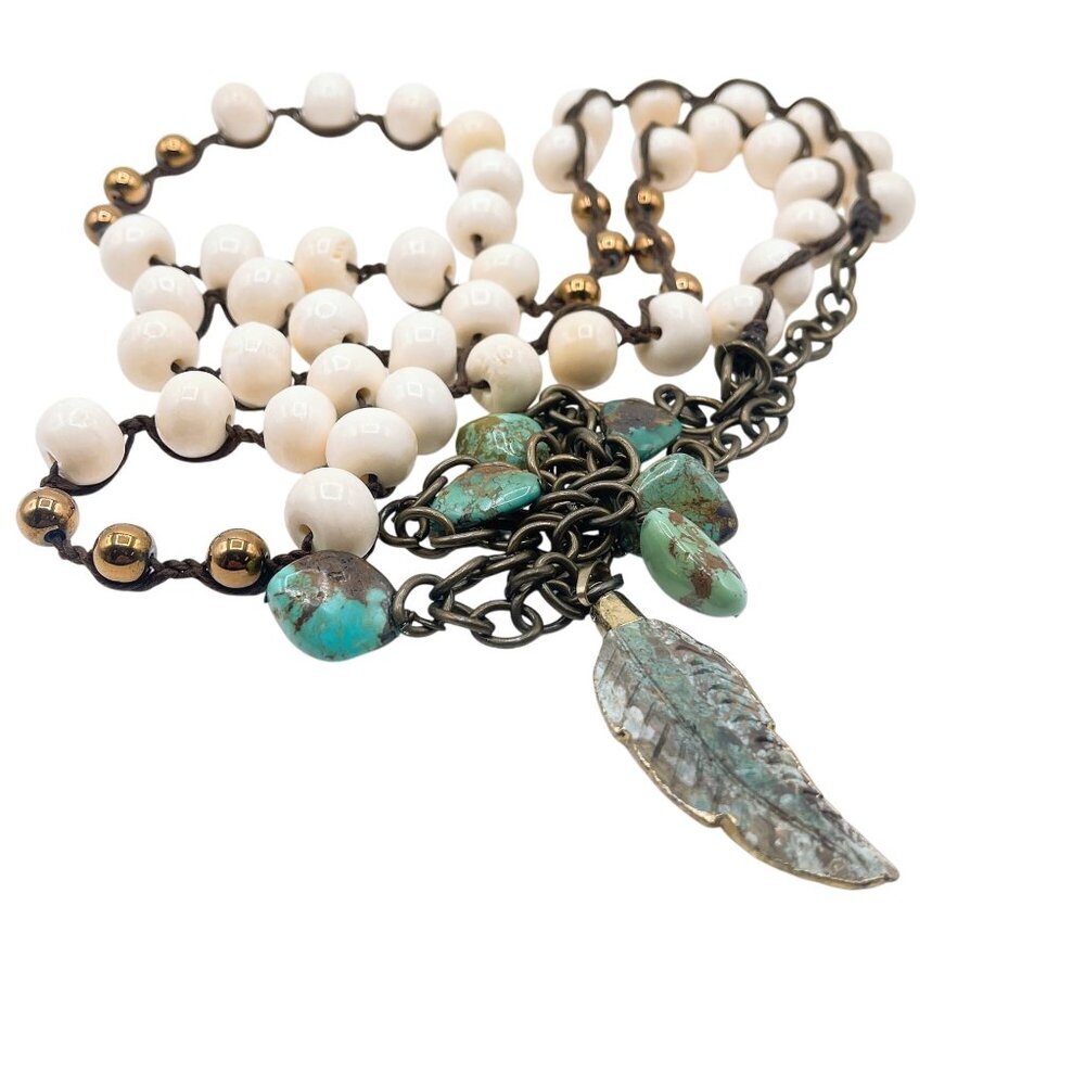 Handcrafted Turquoise & White Beaded Necklace With Feather Pendant Antique Bronz